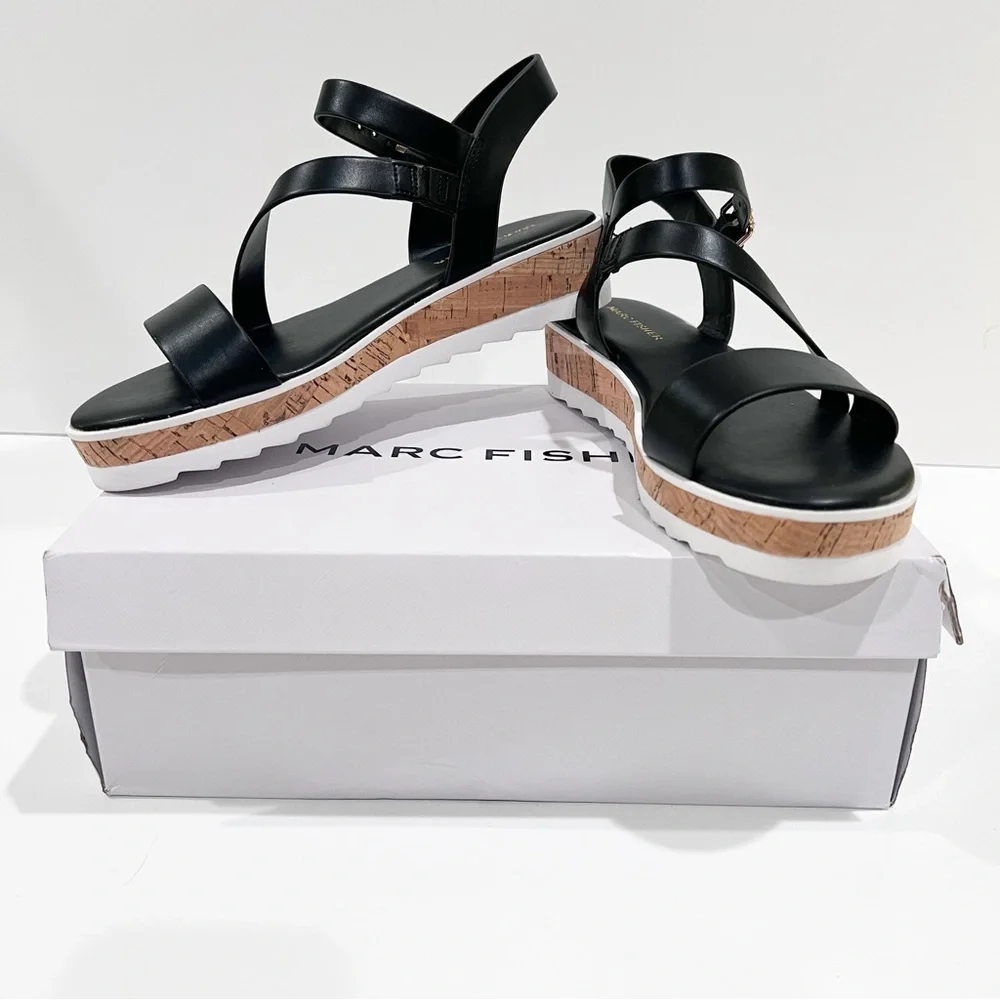 Marc Fisher Grandie Cork Platform Strappy Wedge Sandals Buckle Black 7.5 NEW - Picture 2 of 16